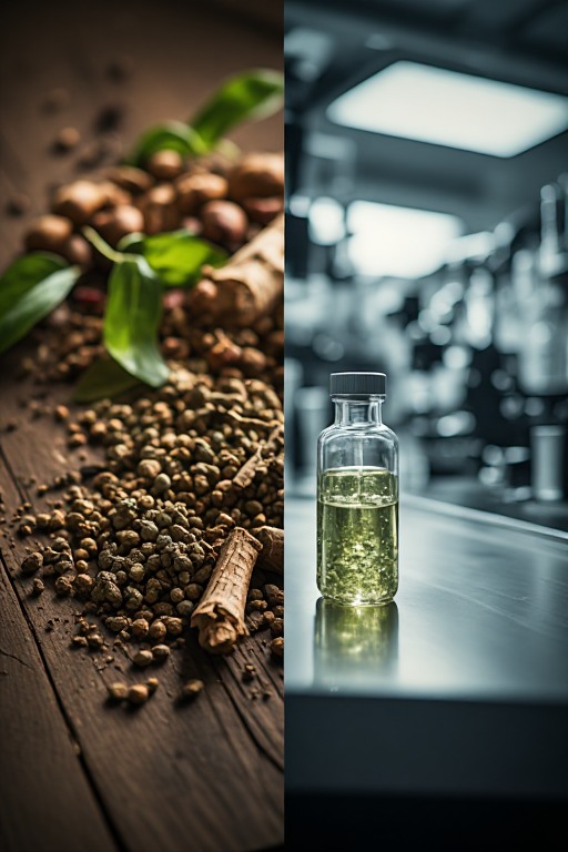 Raw botanical ingredients alongside a lab-processed bioactive extract